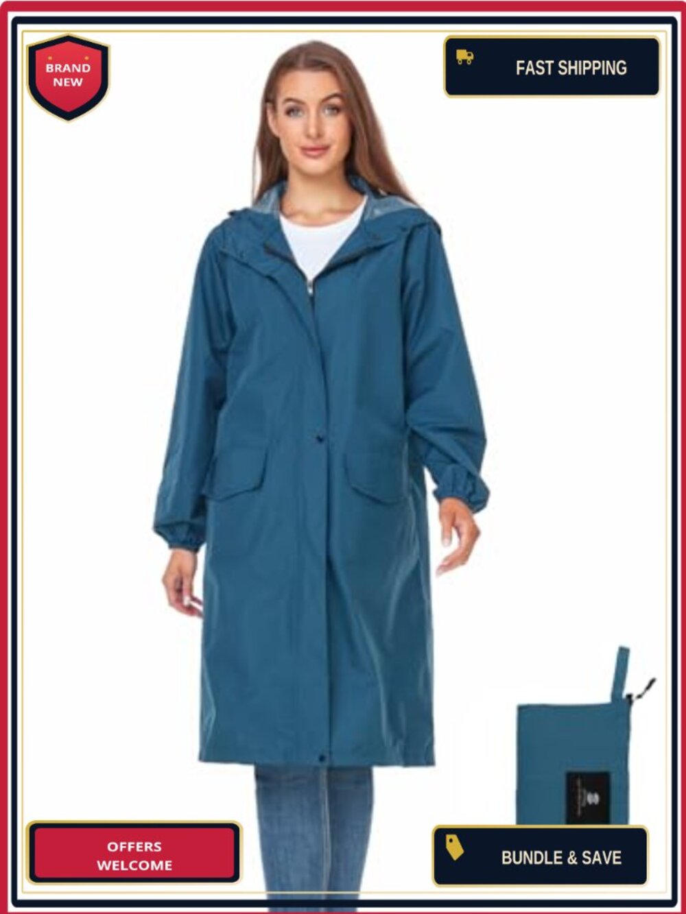 Waterproof Long Rain Jacket with DWR Finish - Packable Knee-Length